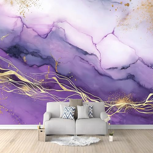 Art Papier peint intissé 400 x 280 cm Papier Peint Panoramique pour Salon Chambre Bureau décor mural moderne Aquarelle Texture De Pierre D'Agate Papier peint Violet Couvrir les petites fissures