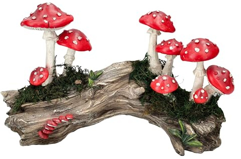 Figuren Shop GmbH Gartenfigur Pilze auf Baumstamm – Wetterbeständige Dekofigur mit Feenwald-Flair für Garten, Terrasse & Balkon, 23 cm Breite