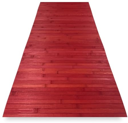 Tex family Tapis de cuisine en bois de bambou WOODY - Rouge uni, antidérapant, facile à nettoyer - Cm. 50x100