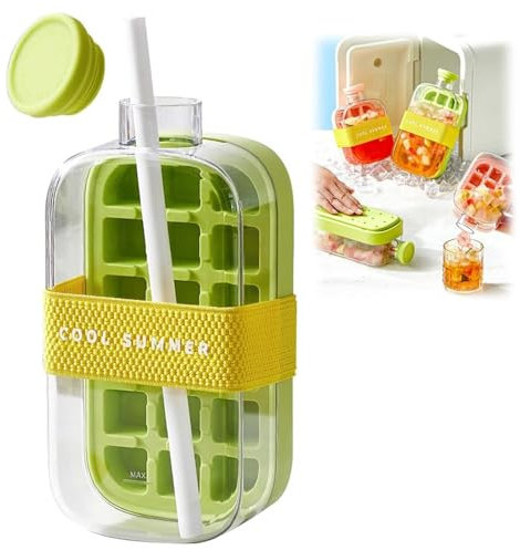 2 In 1 Ice Cube Bottle, Ice Cube Bottle With Straw, Portable Touch Free Ice Cube Trays, Press To Release Ice Tray for Home Ice Making, Outdoor Picnics, Office Use (800ml)