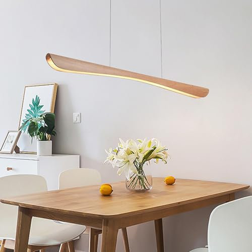 Bellastein Bois Suspension LED Lampe à Suspension Table à Manger Lustre en Dimmable avec Télécommandée, Éclairage pour bureau,salle à manger,restaurant,cuisine plafonnier (100cm)