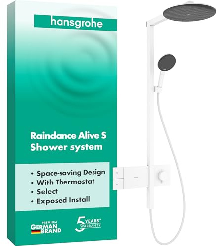 hansgrohe Raindance Alive S - Duschsystem mit Thermostat, Regendusche (300 mm) mit Armatur, Handbrause (3 Strahlarten inkl. PowderRain), Schlauch, Brausestange und Kopfbrause, Mattweiß, 24582700