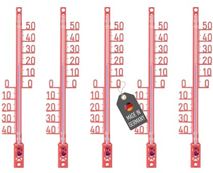 Lantelme 5 termometri da giardino, colore rosso, analogici, in plastica, da -40 a +50 °C, lunghezza 16 cm, da appendere, termometro, resistente alle intemperie, per interni ed esterni, da giardino