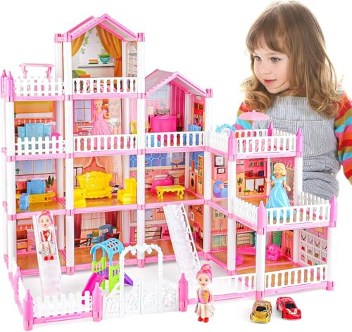 deAO Doll House for Girls, Dolls House Playset With Doll Figures, Furnitures and Accessories, 4-Story DIY Playhouse Princess Castle Dollhouse Toys for Kids 3 4 5 6 7 8 Years Old (Pink)