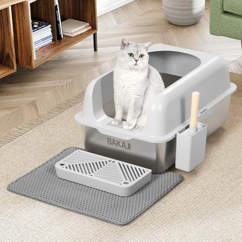 BAKAJI Lettiera per Gatti XXL con Base in Acciaio con Bordo e Pedana Anti Sabbiolina, Paletta per Raccolta con Contenitore e Tappetino Antisporco, Base Antiscivolo, Capacità 35 Litri, 60 x 40 x 30 cm