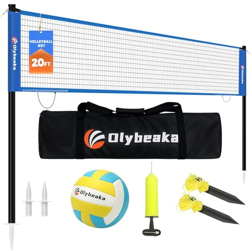 Portable Outdoor Volleyball Net Set for Backyard Beach with Adjustable Poles, Soft PU Volleyball & Pump, Carry Bag and Durable Anti-Sagging Net (Blue, 20ft)