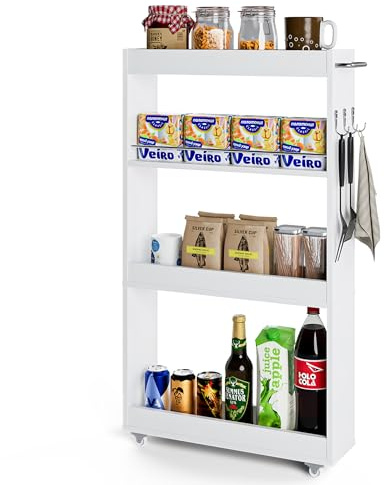 Rebonique Rollwagen, 4 Ebenen Küchenwagen,Nischenregal 13cm breit,Schmal Nischenwagen mit Griff und 3 Haken,Servierwagen Schmal,Weiß Aufbewahrungswagen für Küche,Bad,Wohnzimmer, Arbeitszimmer