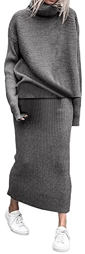 Due Pezzi in Maglia - Abiti Invernali da Donna Lavorati a Maglia, Casual, con Collo Alto, Pullover e Gonna a Matita Termica da Inverno, Abbigliamento da Strada, Set da Salotto, Colore Solido, Elegante