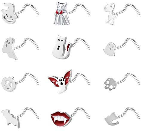 ZS 12 Stück 20G Edelstahl Nasenring – Halloween Fledermaus Totenkopf Kürbis L-förmiger Korkenzieher Nasenstecker Silber Schwarz Nasenpiercing Schmuck für Damen Herren