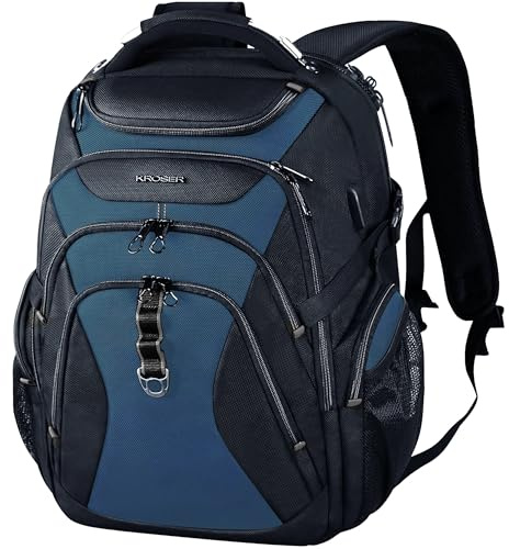KROSER Ryggsäck för bärbar dator 18,4 tum XXXL spelryggsäck med hårt skal saferoom RFID-fickor vattenavvisande business college dagväska snygg laptopväska för män/kvinnor – svart dis blå