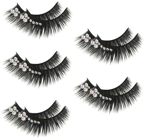 Vaguelly 5 Pairs Long Decorative False Eyelashes with Shiny Gems Dramatic Thick Artificial Lashes for Women Stage Makeup and Latin Dance Performance