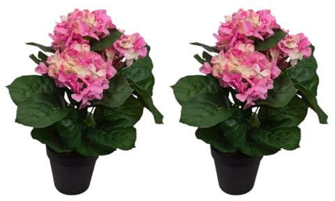 GreenBrokers x2 Artificial 42cm Pink Hydrangea Bush in Black Plastic Pot - UV Protected - Faux Silk