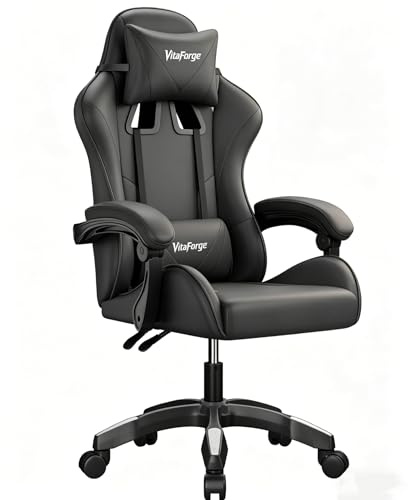 VitaForge Silla Gaming, Silla de Oficina Ergonómica con Altura Ajustable, Soporte Lumbar y Reposacabezas - Cuero PU, para Oficina o Juegos Negro. (Negro Puro, Curvo)
