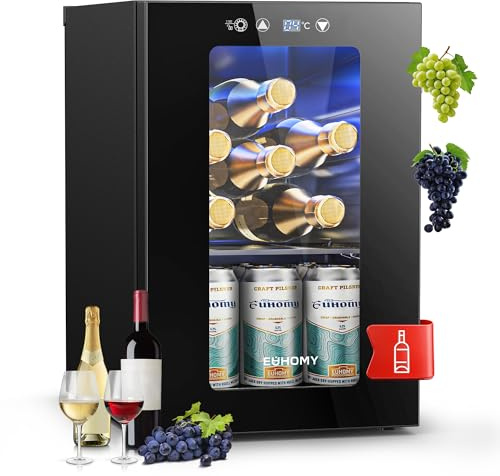 EUHOMY 18L Getränkekühlschrank für 24 Dosen, Mini Kühlschrank mit Glastür | LED, Digitalanzeige, verstellbares Regal, Bierkühler für Büro, Schlafzimmer, Bar