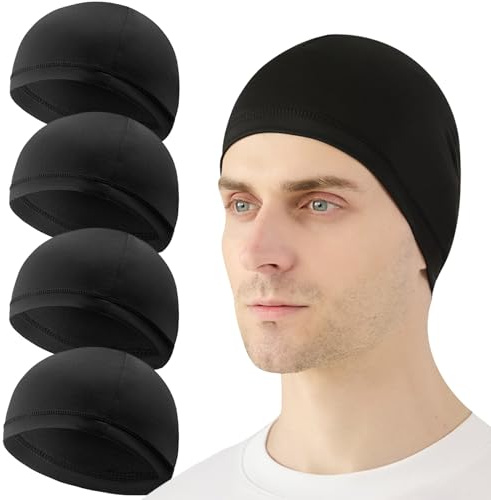 RubyTint 4 Pack Black Skull Caps Helmet Liner for Men Women, Lightweight Breathable Moisture Wicking Stretchy Beanie Hat, Sleep Cap for Running Cycling Hiking Sports