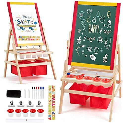 COSTWAY Wooden Kids Art Easel with Paper Roller, Storage Tray, Double Sided Easel Blackboard and White Magnetic Board for Children Educational Toys Gifts (Red with Storage Bag)