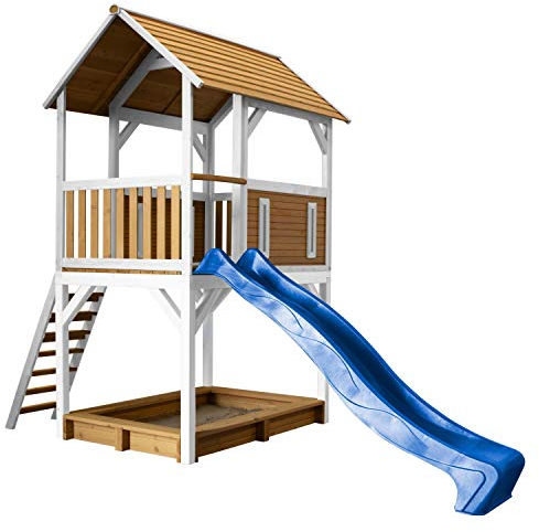 AXI Spielhaus Pumba mit Blauer Rutsche | Stelzenhaus in Braun & Weiß aus FSC Holz für Kinder | Spielturm mit Wellenrutsche für den Garten
