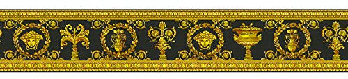 Bordi carta da parati damascata barocca Giallo Grigio Nero/Antracite 343051 34305-1 Versace Versace 3 | Giallo/Grigio/Nero/Antracite | Rotolo (5,00 x 0,09 m) = 0,45 m²