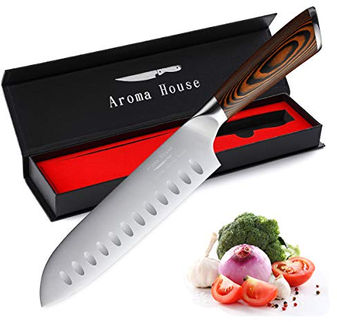 Aroma House Santoku Messer 7 Zoll(18 cm),Profi Kochmesser,Küchenmesser,Rostfreiem Stahl Chefmesser Sehr Scharfe Klinge mit Geschenkbox für Haushalt und Restaurant