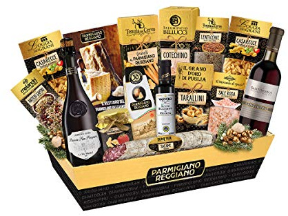 Cesto di Natale | Regalo Natalizio | Gran Emilia | Selezione Prodotti Emiliani Gourmet | 15 Pezzi | Ricettario Consorzio Parmigiano Reggiano | Sangiovese IGT | Sale Rosa Himalaya