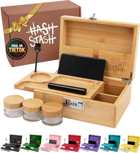 The OG - Caja de almacenamiento grande de bambú con cerradura de combinación, tapa magnética, bandeja organizadora, tubo hermético y 3 tarros a prueba de olores, discreta caja de madera decorativa con