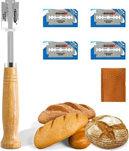 PIQIUQIU Bäckermesser Baguettemesser Teigmesser Brotmesser mit 5pcs Rasierklinge Ritzmesser zum Einschneiden von Baguette Brot oder Brötch