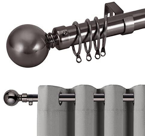 Hafaa Curtain Poles Plain Metal Ball Adjustable Decorative Window Curtain Pole Includes 160 to 300 cm Extendable Curtain Rod, 60mm Size Classic Finials, Rings, Brackets & Fittings Set, Black Nickel
