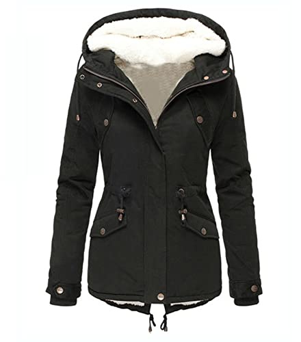 FNKDOR Manteau Femme Hiver Chaud éPais Doublure en Peluche Parka Veste Slim Fit Trench Coat Zippé Coupe-Vent avec Capuche Outercoat Blousons avec Fermeture à Glissière et Bouton