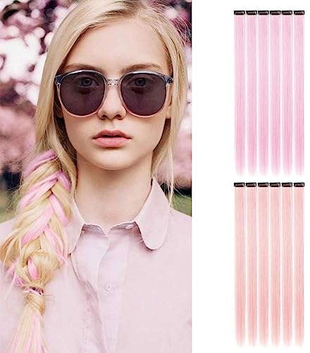 SJBAUTYO Extension Clip Capelli Rosa per Bambini Donne, 12 Pcs Rosa Clip In Hair Extensions Rainbow Party Highlights Posticci Sintetici Estensioni Rosa Chiaro da 55cm