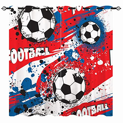 YUANZU Jungen Sport Vorhänge Kinder Buntes Fußball Ösen Gardinen mit Blickdichte Thermo Vorhang Kälteschutz Blackout Curtain Kinderzimmer Schlafzimmer Verdunkelung Fenster, 2 Stück, H 160 x B 132 cm