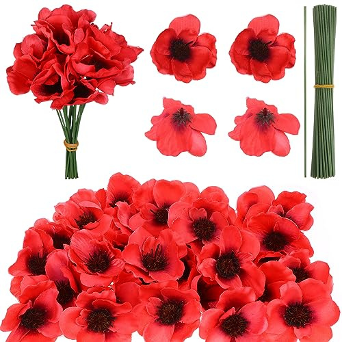 Haishell 60 set röda vallmo konstgjorda blommor falska blommor för minne söndag vallmo huvud falska vildblommor med blomgren för veteranernas dag bukett bröstbuketter hem kök dekoration (typ 2)