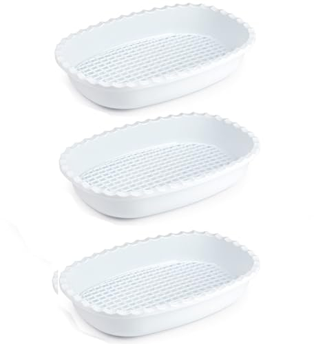 Pack de 3 bandejas de plástico Redondeadas para descongelar,de Color Blanco y Rejilla y 32 x 21,5 x 6 cm. Recipiente para descongelación de Alimentos con Rejilla.Fuente Blanca para labores Cocina