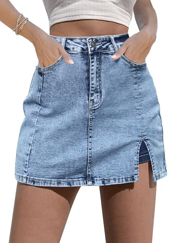 luvamia Flexclusive Skorts Skirts for Women Denim Mini Skirt Side Slit with High Wasited Jean Shorts Stretchy for Womens Summer Skorts Roadknight Blue - Acid Wash Size Large Size 12 14