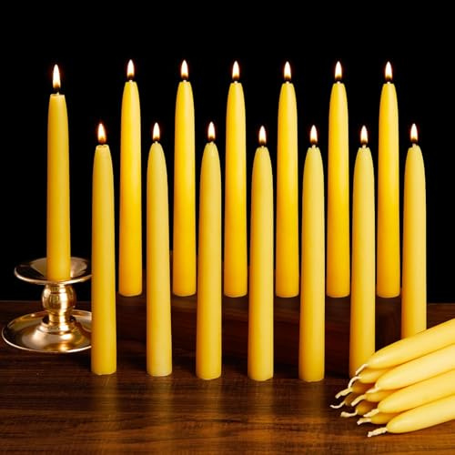 Ashlux Bienenwachs Stabkerzen & Spitzkerzen, 24 Stück, Gelb, 8 Std. | handgemacht, tropffrei, rußfrei & geruchsneutral – ideal für Weihnachten, Hochzeit, Meditation & Alltag