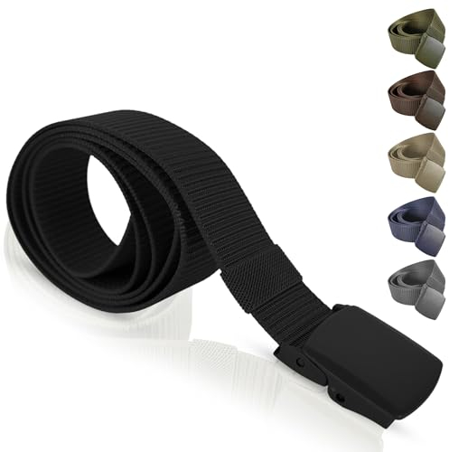 PIQSTORE Cinturón Táctico Hombre en Color Negro – Cinturón Militar de Nylon Ajustable, Ligero y Resistente – Hebilla Sin Metal Ideal para Aeropuertos, Trabajo, Viaje o Uso Diario (3,8 x 135 cm)