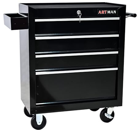 Campfun Rolling Tool Box, 4-Drawer Metal Tool Cart with Hanging Box, Storage Organizer Trolley with Interlock System, Multifunctional Mechanic for Garage, Warehouse, Workshop, Repair Shop, Black