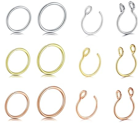 12 Stk 20G 8mm Nasenpiercings Fake Nasenring Edelstahl Fake Piercings Nase Face Piercing Nase Lippe Ohr Ring Hoop für Männer Damen