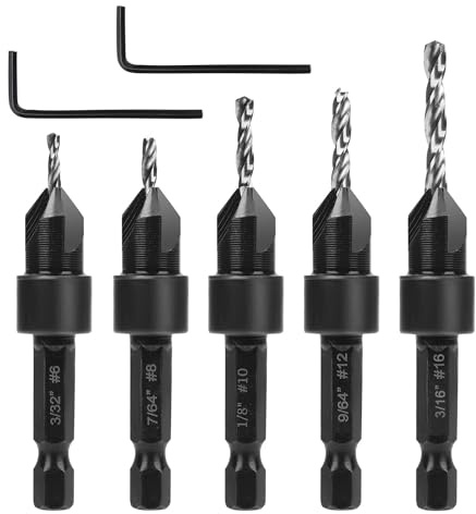 NQEUEPN 7pz Set di Punte per Svasatore, Punte Svasatore per Legno con Chiavi Countersink Drill Bit Lavorazione del Legno per Viti #6#8#10#12#16 in Piastra di Plastica in Legno Duro