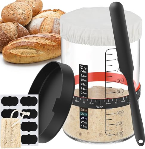 SAKURRDD Sourdough Starter Jar Kit with Scale 34 OZ Large Capacity Sourdough Starter Container with Silicone Lid Feeding Band Reusable Wide Mouth Glass Sourdough Fermentation Jar for Baking/3565