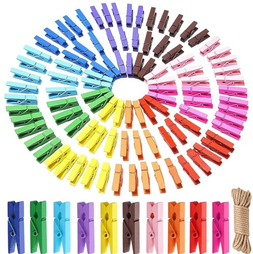 qingmeng Holzklammern, 100 Stück Mini Wäscheklammern Bunt, Kleine Klammern für Fotos Aufhängen Fotoseil, Wäscheklammern Holz für Bilder Collagen Postkarten 3.5CM