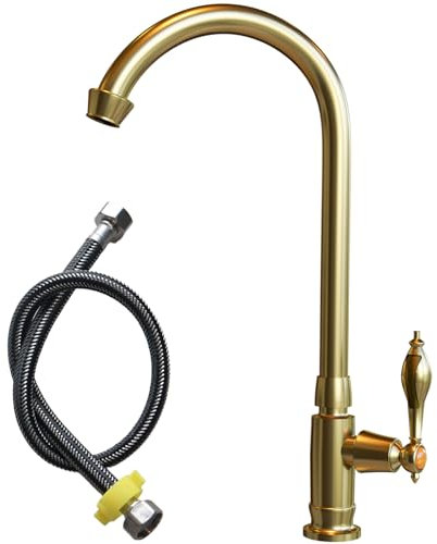 LANMOU Grifo de Agua Fría para Cocina, Grifo Cocina Fregadero Inoxidable(Solo Frío), 360° Giratorio, Dorado Cepillado, 60 cm Conexión, Solo Agujero, para Cocina y Jardín Fregadero