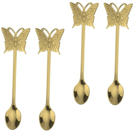 CIYODO 4pcs Long Handle Stainless Steel Butterfly Salad Spoons Gold Scoop Set for Dessert Serving and Home Use