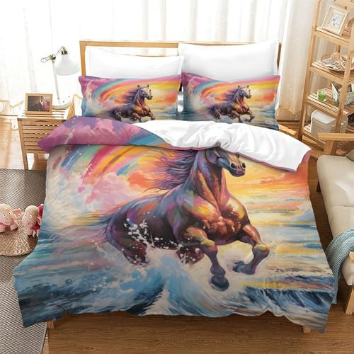 GUYDZOOM Pferd Bettbezug Bettwäsche Set Kinderbettwäsche-Set Reißverschluss Mit Kissenbezügen Betten Set Für Jungen Und Mädchen, Kinder Single（140x200cm）
