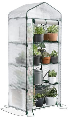 VOUNOT® 4 Tier Mini Greenhouse Outdoor with Shelves, Portable Plastic Garden Greenhouse for Plants, Seedlings and Herbs, Small Growhouse for Patio Balcony, White, 69x49x160cm