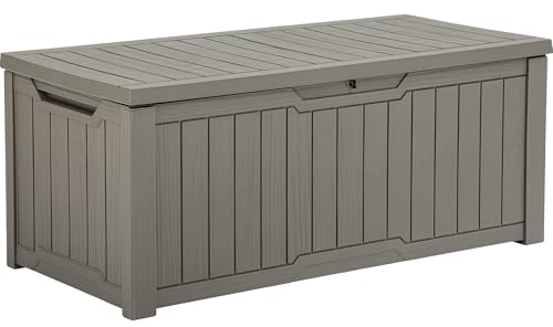 YITAHOME 120 Gallon Resin Deck Box, Weather Resistant Outdoor Storage Box for Patio Cushions, Garden Tools, Pool Supplies, Lockable, Easy Assembly, Extra Seat or Table (Light Brown)