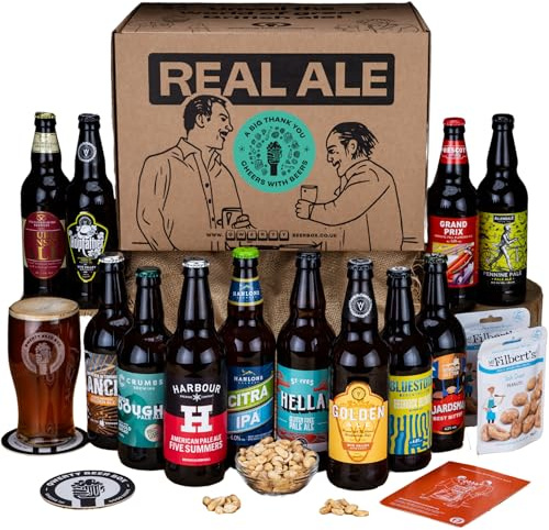 Deluxe British Real Ale Thank You Beer Gift Hamper - 12x500ml Traditional Ales with 2 Snacks & Craft Beer Tasting Guide by QWERTY Beer Box - Thank You Gift for Men, Beer Gift For Him, Thank You Beer