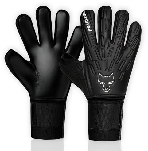 FEARLESS GOALKEEPERS Wolf V Onyx Torwarthandschuhe mit Fingersave – Profi Fußball Torwarthandschuhe Kinder & Erwachsene, Rollfinger Schnitt, Starker Grip bei Regen, Herausnehmbare Schienen