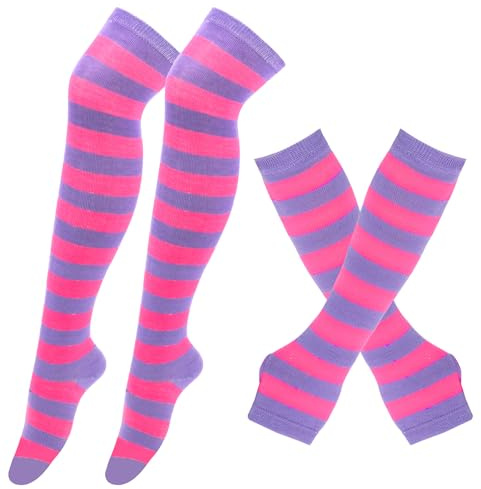 BRTNUP Set di scaldamuscoli a righe sopra il ginocchio, scaldamuscoli a righe, guanti senza dita per ragazze e donne, E, Taglia unica