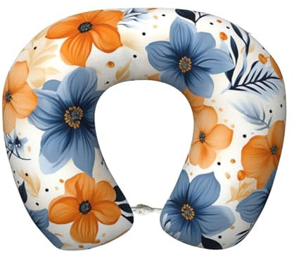 Travel Neck Pillow Comfortable Memory Foam Airplane Pillow Neck and Head Support Blue and orange flowers on white background U Shape Neck Pillows for Sleeping Portable Travel Pillow for Plane Car Home