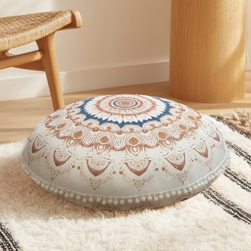 DAWNYIELD Meditation Floor Cushion, Round Floor Pillow with Washable Removable Cover, 80cm Large Ergonomic Yoga Floor Pillow for Adults with Pom-Pom Accents, Indoor/Outdoor Use, Brown